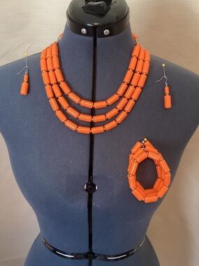 JEWELRY! Three-Strand Orange Bead Necklace Set with Earrings and Bracelet